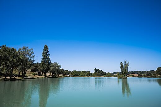 Groot natuurlijk meer omringd door bomen op camping CAPFUN Lac des 3 Vallées in Lectoure.
