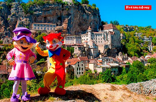 Mascottes voor de middeleeuwse stad Rocamadour, dorp in de Lot.