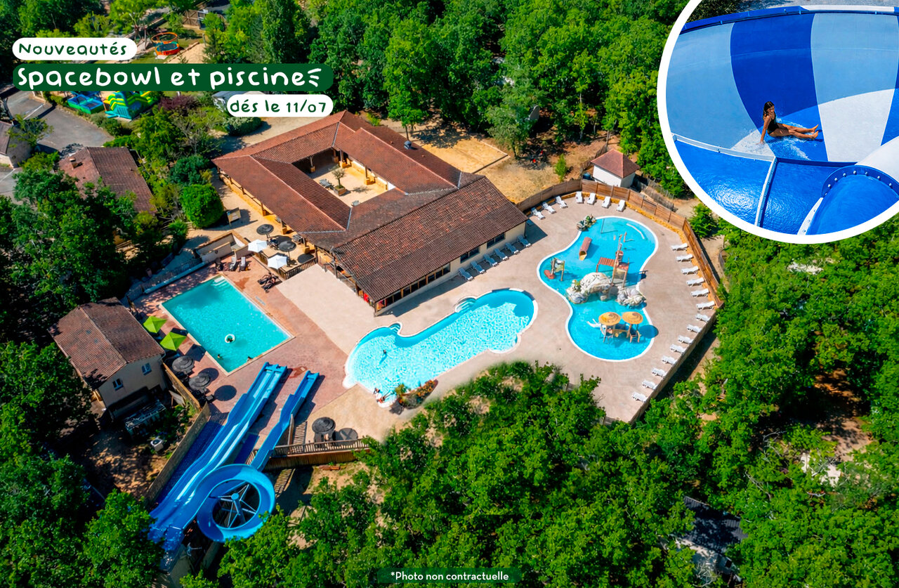 Waterpark met spacebowl, glijbanen en zwembaden op camping CLICOCHIC Lou Castel in Castelnaud-la-Chapelle (24).
