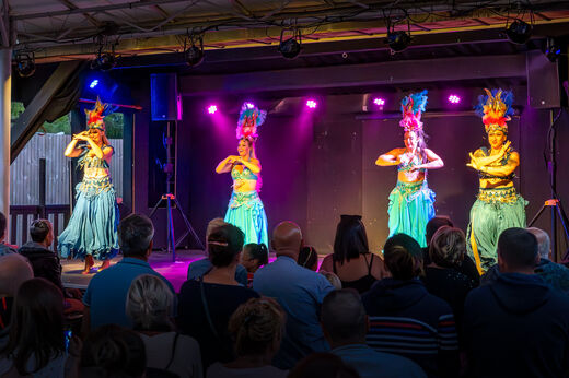 Gekostumeerde danseressen op podium, publiek, op camping VAGUES OCEANES Marina Landes in Mimizan (40).
