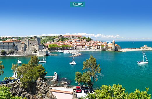 Collioure, zijn koninklijk kasteel, haven en klokkentoren aan zee.