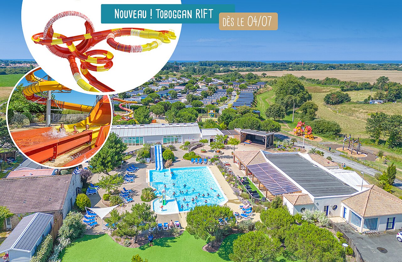 Nieuwe Toboggan Rift en buitenzwembad op camping VAGUES OCEANES Micheli�re, Givrand.