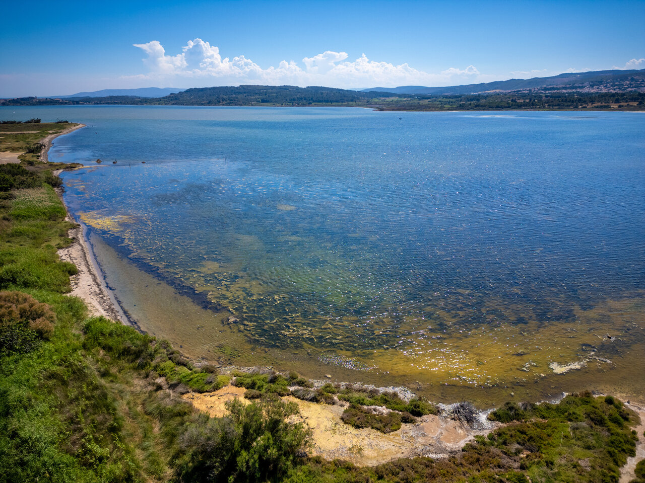 Uitgestrekte natuurlijke lagune en groene oever op camping CAPFUN La Nautique in Narbonne (11).