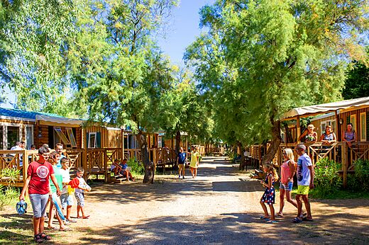 Schaduwrijke laan met stacaravans en vakantiegangers op camping CAPFUN La Nina in Agde (34).