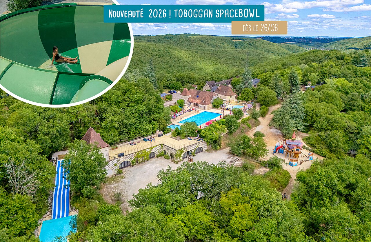Zwembad, glijbaan op camping VAGUES OCEANES Paille Basse in Souillac (46).
