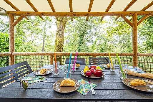 Gedekte tafel op accommodatieterras, op camping CAPFUN Palombi�re in SAINT-NATHALENE (24).