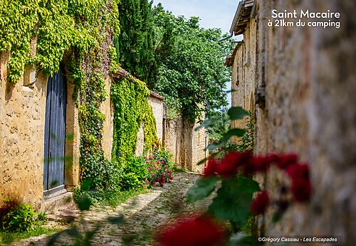 Historische geplaveide straat en bloemrijke huizen in Saint Macaire, Gironde.