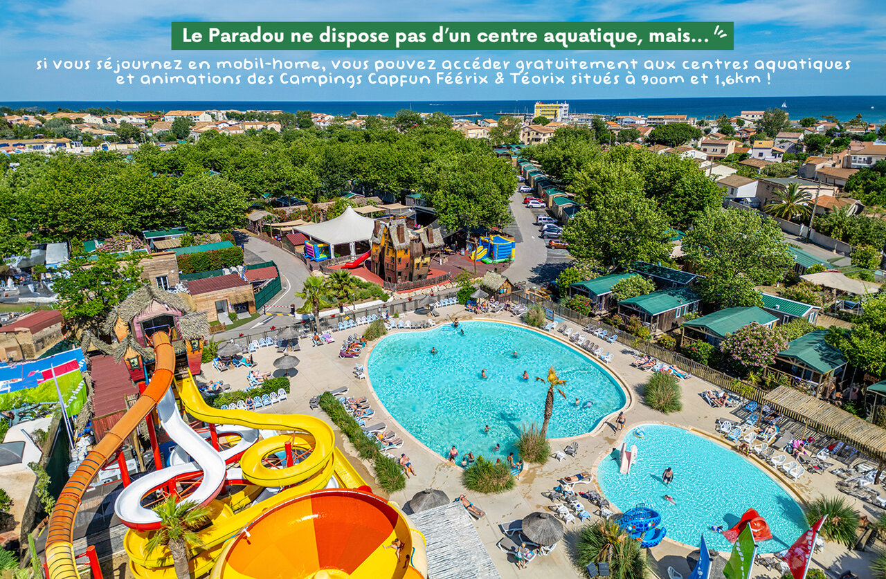 Luchtfoto van waterpark met glijbanen en zwembaden op camping CLICOCHIC Paradou in Marseillan-Plage (34).