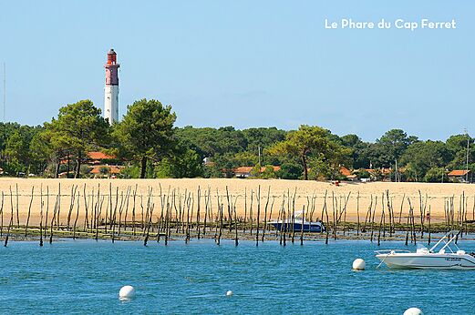 Vuurtoren Cap Ferret, strand en boten in het Bassin d'Arcachon.