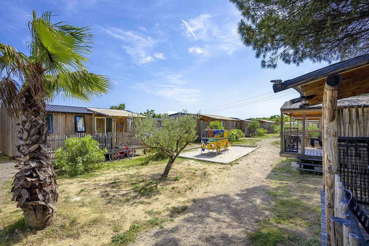 Houten stacaravans, speeltuin en palmbomen op camping CAPFUN La Pin�de de Grimaud in Grimaud (83).
