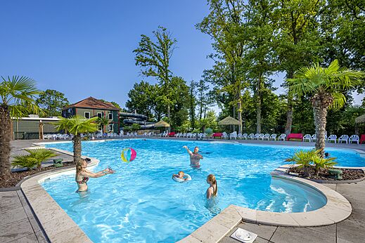 Buitenzwembad, familie speelt bal, palmbomen, op camping CAPFUN Ponderosa in Ulicoten.
