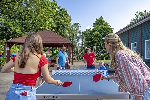 Tafeltenniswedstrijd op Cornilleau tafel op camping CAPFUN Ponderosa in Ulicoten.