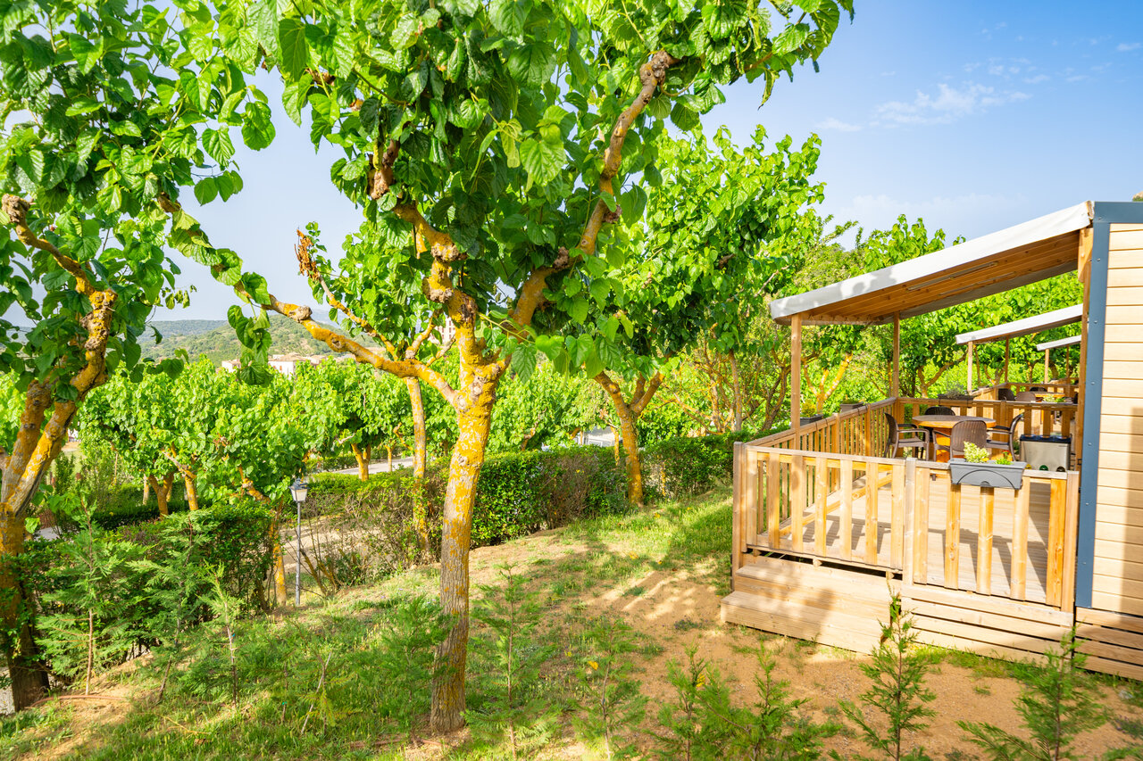 Mobil-home, houten terras, natuur op camping CAPFUN Serra de Prades in Vilanova de Prades.