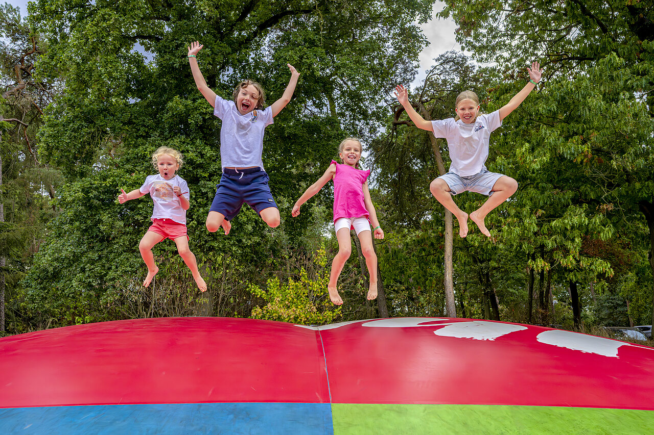 Vrolijke kinderen springen op het gigantische springkussen op camping CAPFUN Rakelbos in Westelbeers.