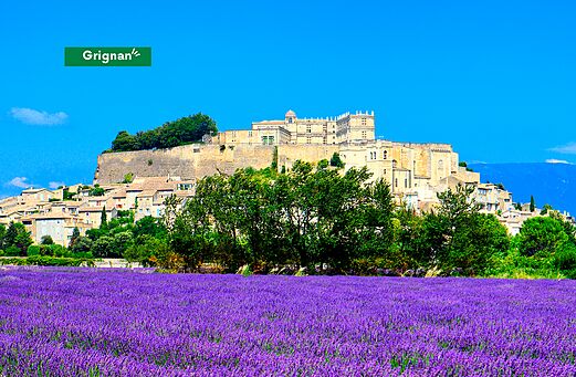 Kasteel van Grignan en lavendelvelden in de Provence, bezienswaardige plek.