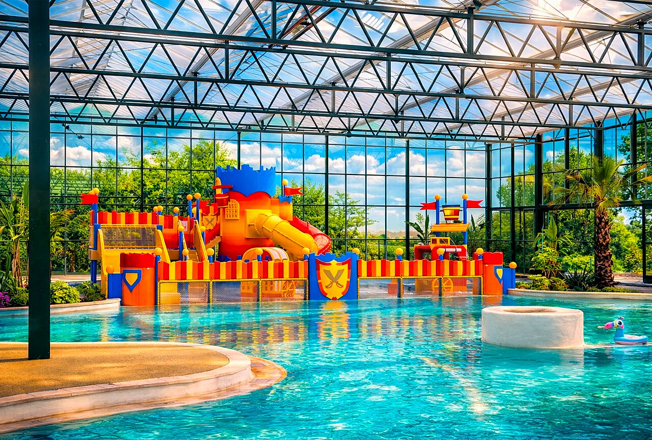 Overdekt waterpark, speeltoestellen en zwembad op camping CAPFUN Tensch Jolie (57).