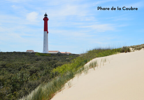 Phare de la Coubre, iconische rood-witte vuurtoren bij zandduinen en vegetatie.