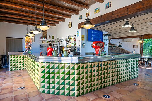 Bar met groene en witte tegelbalie op camping CAPFUN Treumal.