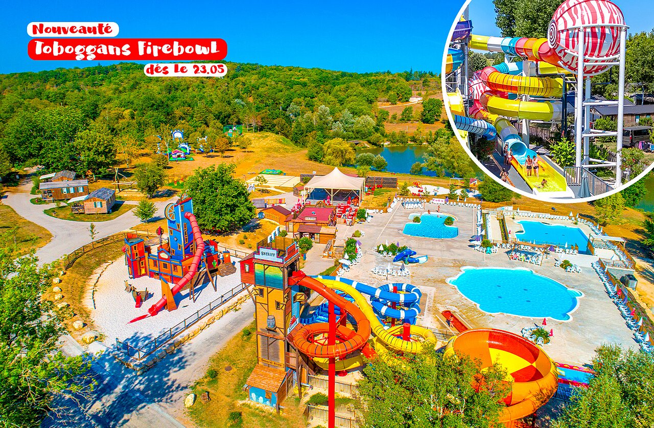 Waterglijbanen Firebowl, buitenzwembaden op camping CAPFUN Ullule, Tournon d'Agenais.