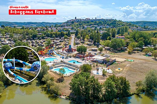 Zwembaden en reuzenglijbanen, luchtfoto op camping CAPFUN Ullule in Tournon d'Agenais (47).