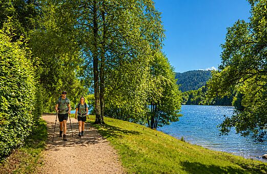 Wandelen langs een bosrijk meer op camping CLICOCHIC Verte Vall�e in XONRUPT LONGEMER (88).