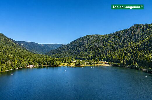 Prachtig Lac de Longemer omringd door bossen en bergen van de Vogezen.