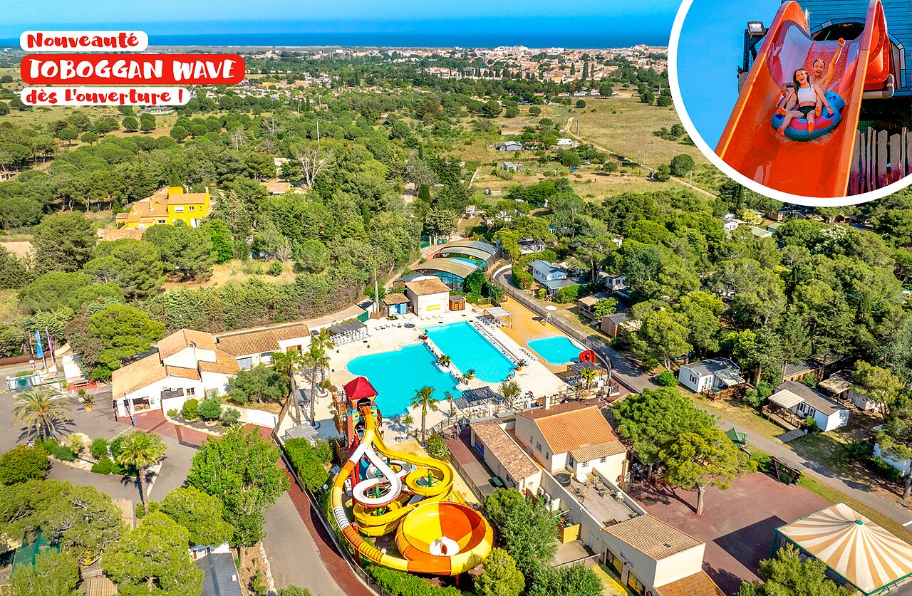Waterpark, Wave glijbaan en buitenzwembaden op camping CAPFUN Vignes d'Or Serignan.