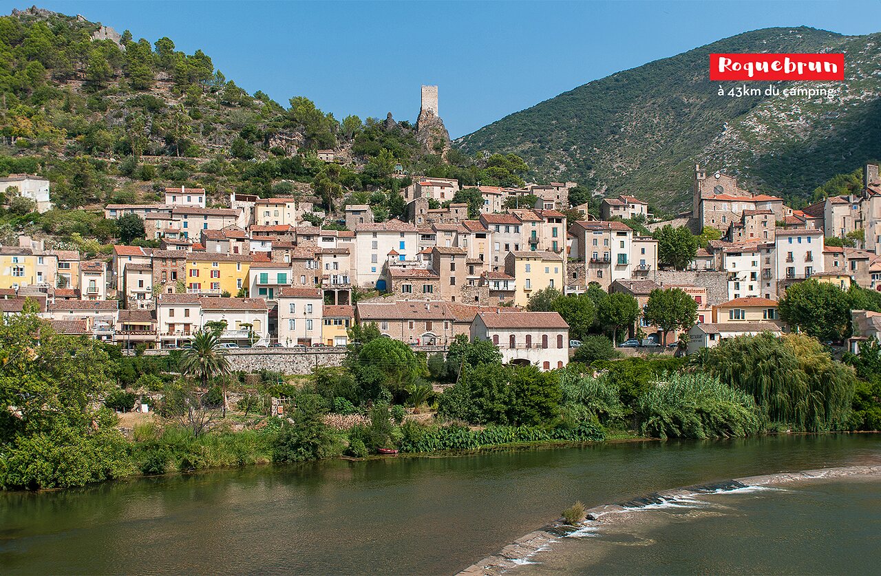 Middeleeuws dorp Roquebrun, traditionele huizen aan de rivier Orb, H�rault.