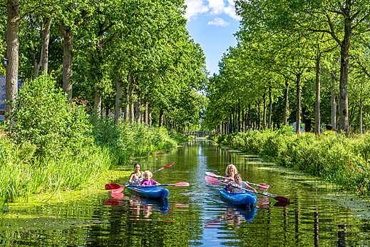 Gezinnen kajakken op een groene gracht op camping CAPFUN De Waldsang in Bakkeveen.