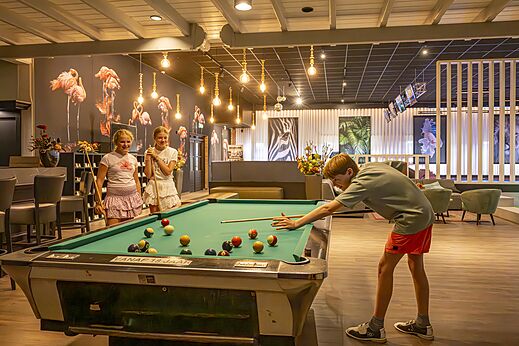 Biljarttafel met kinderen spelend op camping CAPFUN het Winkel in Winterswijk.