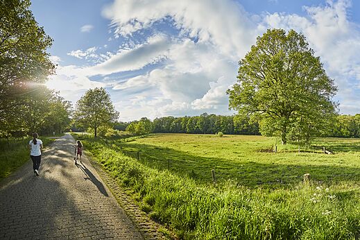 Groen pad met kind op step en volwassene bij camping CAPFUN het Winkel in Winterswijk.