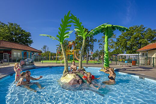 Speelzwembad met waterattracties en palmbomen op camping CAPFUN de Wondermolen in Molenschot.